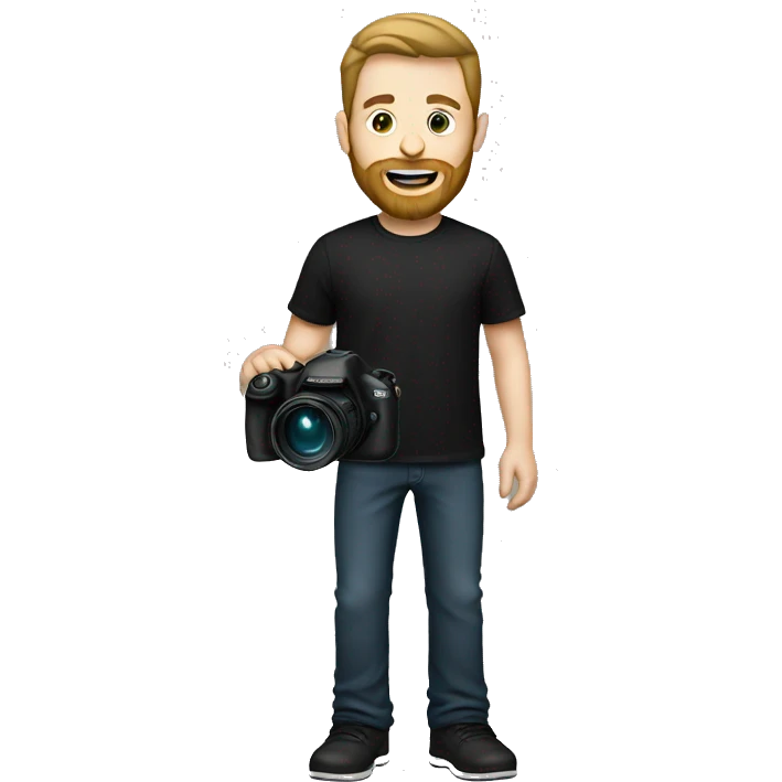 white man, beard, black t-shirt, black pants, holding camera emoji