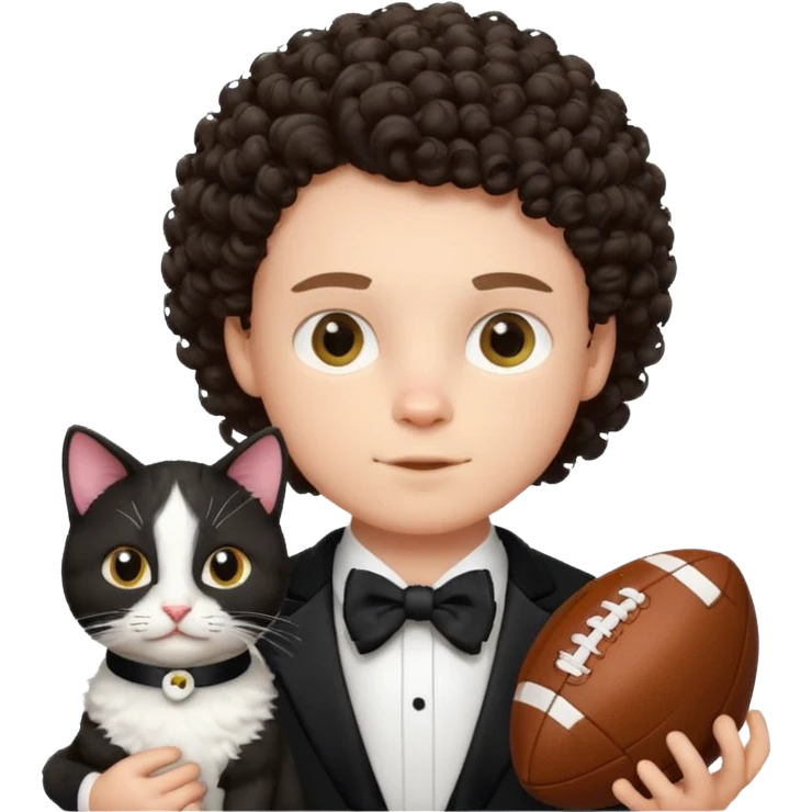 Curly headed white boy with tuxedo cat and football emoji