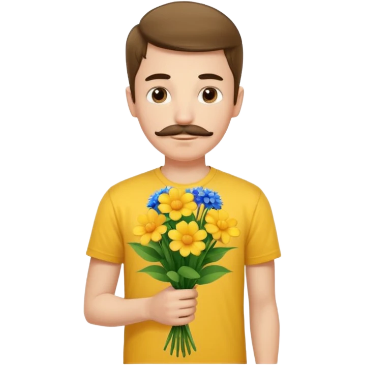 generate an ios genmoji of a 20 year old fair boy with 3 mustache hair. should look like he cant grow a mustache., carrying a flower bouquet, wearing a yellow tshirt, looking shy emoji