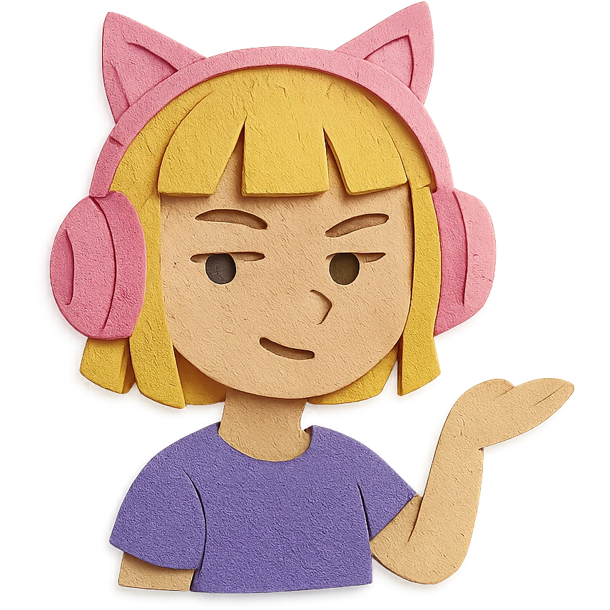 sassy blond girl with short bangs and pink kitty-ear headset emoji