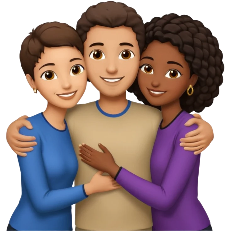  middle Eastern man with short brown hairwith two black african women both are African one is medium tone light tone skin black and one is medium tone black with african hair styles. and they are all smiling and putting their arms around each other and kiss, kissing and hugging. emoji