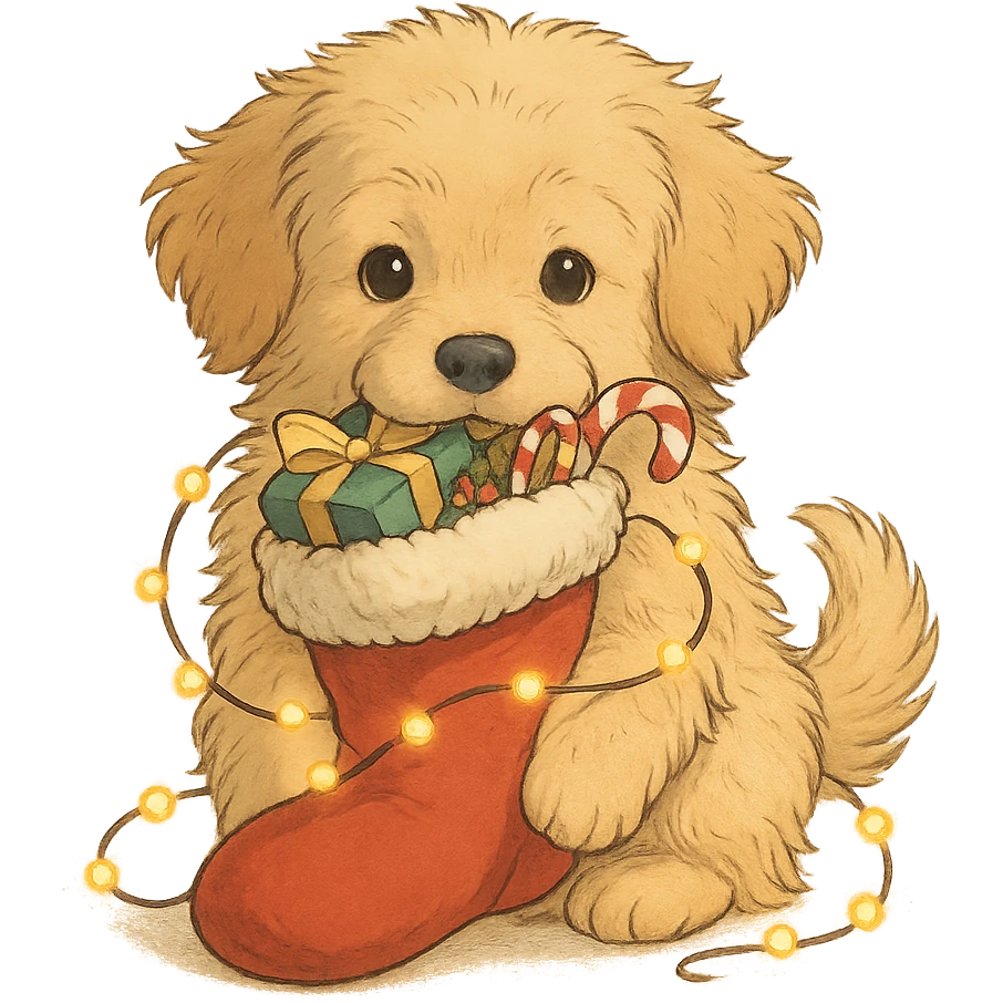 a fluffy golden retriever puppy holding a Christmas stocking full of gifts and tangled in fairy lights, Ghibli style emoji