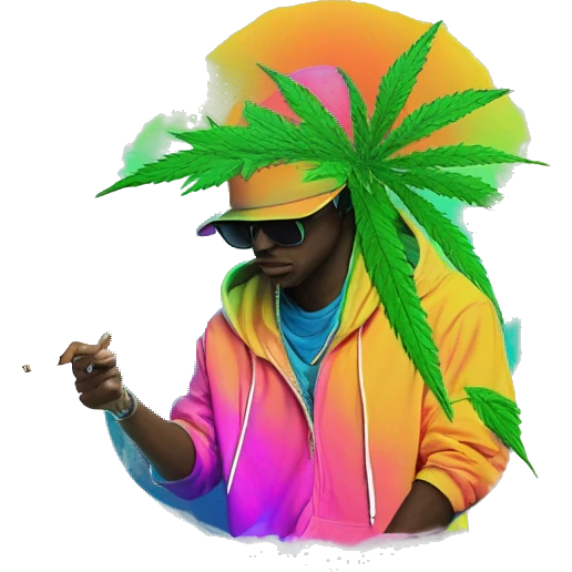 Hemp leaves Multicoloured neon person smoking wearing hoodie dancing hip hop bucket hat tropical Skater fashion aesthetic baggy clothes graphic t shirt 420 emoji