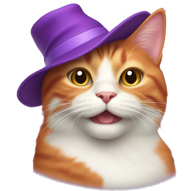 Red and  whiwhite cat on the mat with purple hat emoji