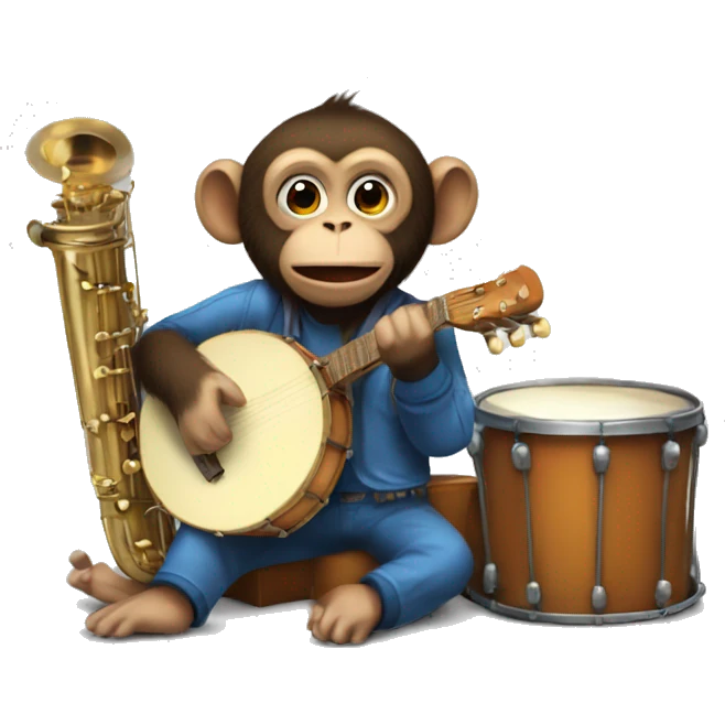 A monkey in a band playing lots of instruments at a time emoji