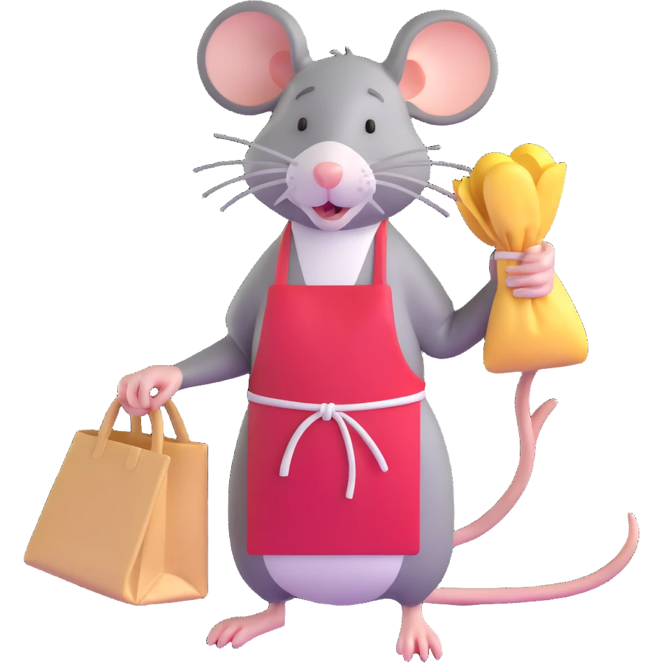 tired rat wearing apron bagging groceries emoji
