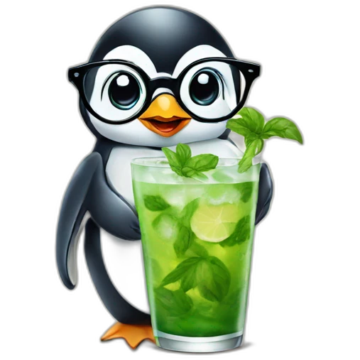 baby penguin with big glasses drinking mojito emoji