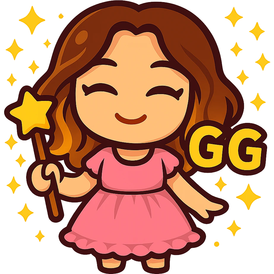 Update this chibi emote to remove the headband and change the outfit to a cute pink dress with frills, keep the 'GG' sign emoji
