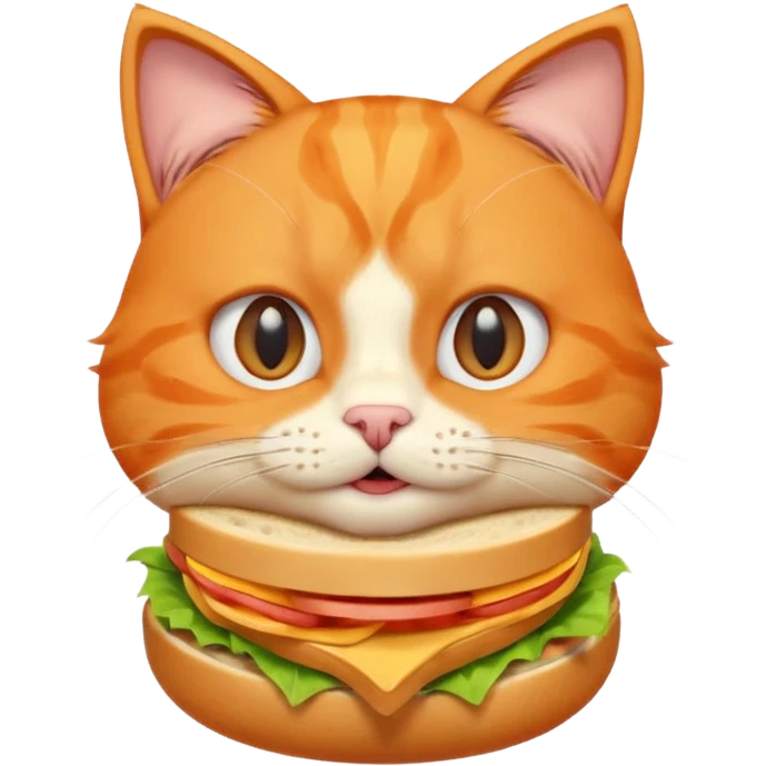 cute orange cat portrait, head and shoulders only, biting a sandwich, funny expression, 3D cartoon, mobile game icon style, clean background, no text, no watermark emoji