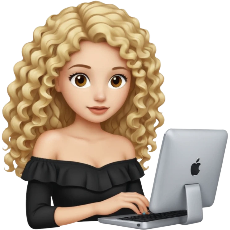 woman with long curly blond hair, brown eyes, wearing an off-shoulder top, on computer  emoji