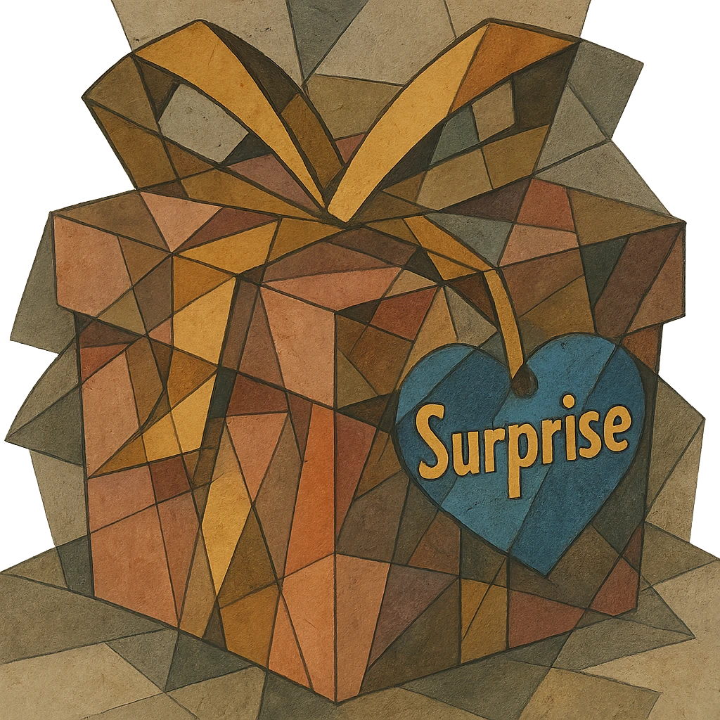 Recreate the blue heart-tagged pink gift in a cubist abstraction style, with the name 'Surprise' on the tag, no background. emoji