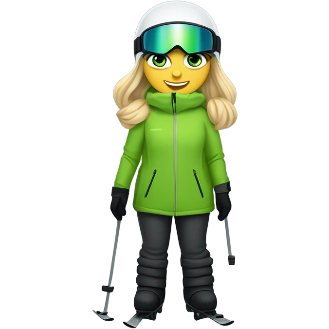 Green-eyed, fat female skier with medium-length straight blonde hair no curls, snow goggles on top of helmet, white ski helmet, gray snow jacket, green ski gloves, long black pants rolled up at the bottom, black only snow boots standing tall. emoji