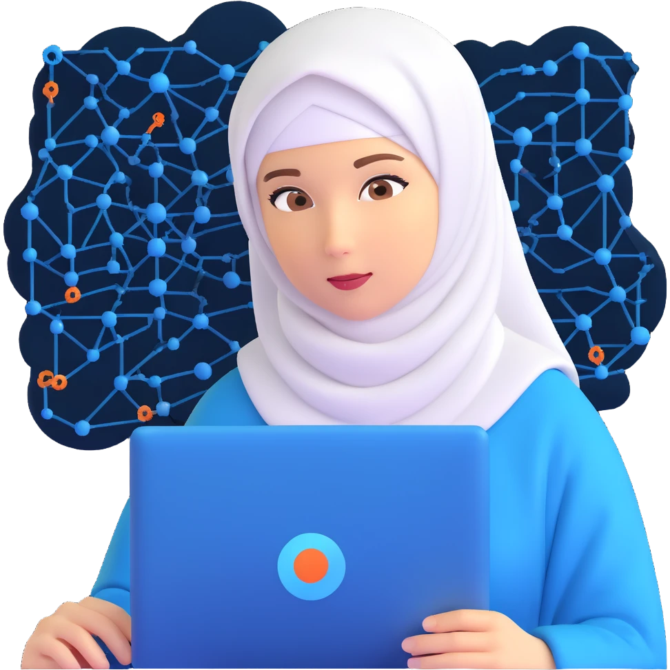 woman with white hijab in blue outfit, looking forward, with programming code, algorithms, binary data flows, software development tools, database structures, coding syntax highlighting, computer science symbols, and computing diagrams surrounding her emoji