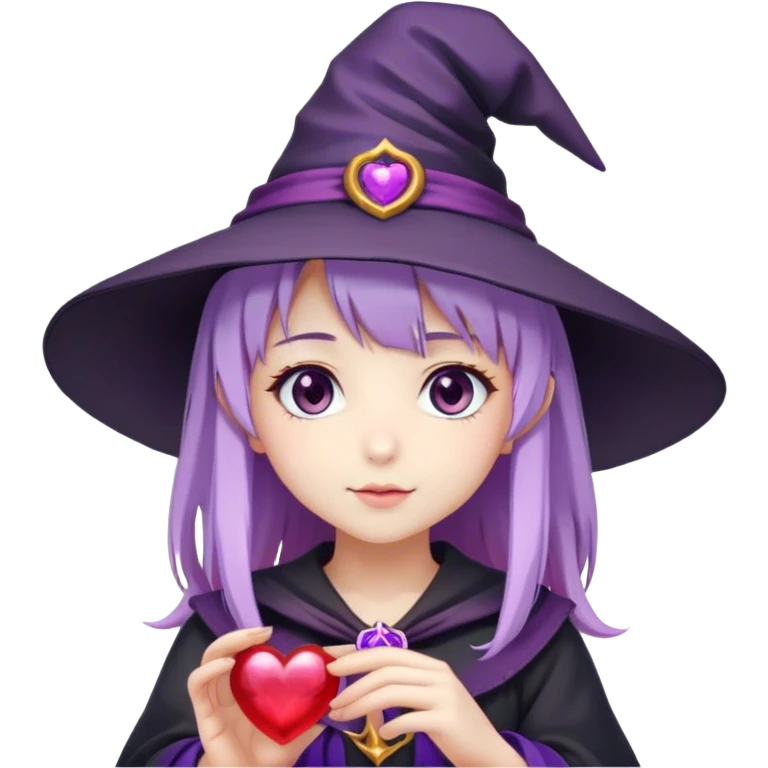 anime girl with lilac hair in a witch hat holding a purple heart emoji