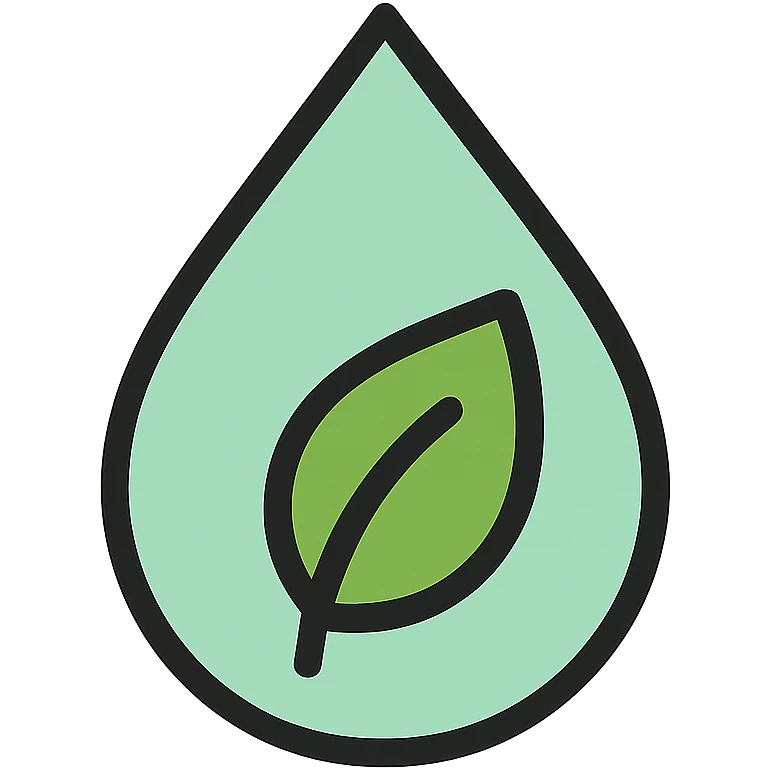 Skeuomorphic water conservation icon with mint green #B5F4D3 and black #111111 color scheme, showing a water droplet with leaf inside, clean symmetric design with subtle depth and soft light emoji