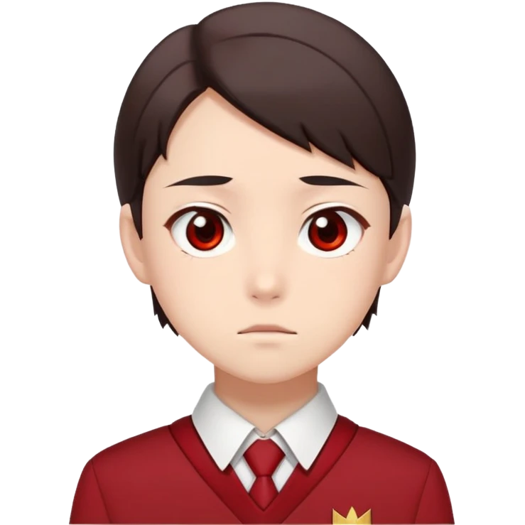 Ayanokoji with cold, expressionless face, sharp brown eyes, dark brown hair, red school uniform, serious vibe emoji