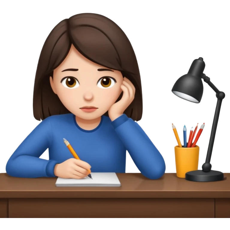 Brunette girl tired at desk emoji
