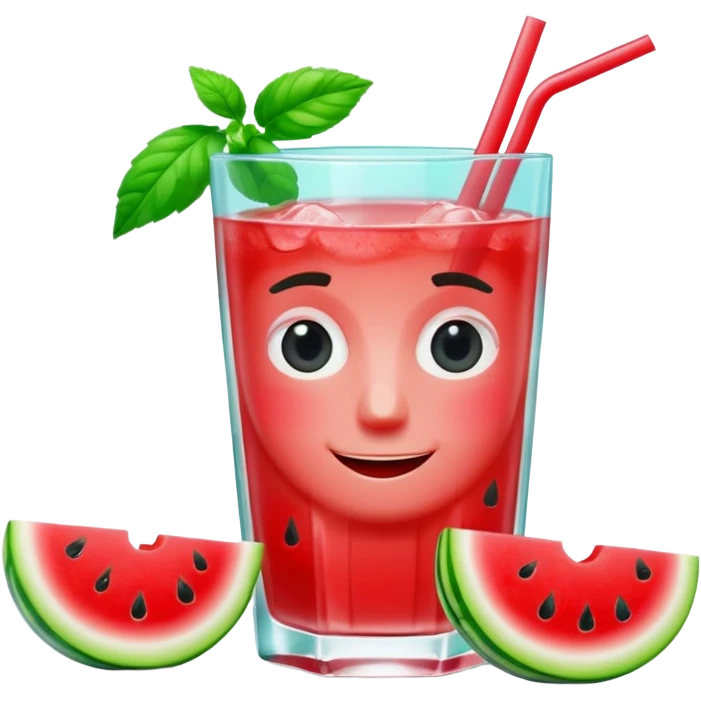 A 3D cartoon glass filled with watermelon juice, ice cubes, mint garnish, bright red color, smooth reflections, soft natural lighting, Memoji-style. emoji