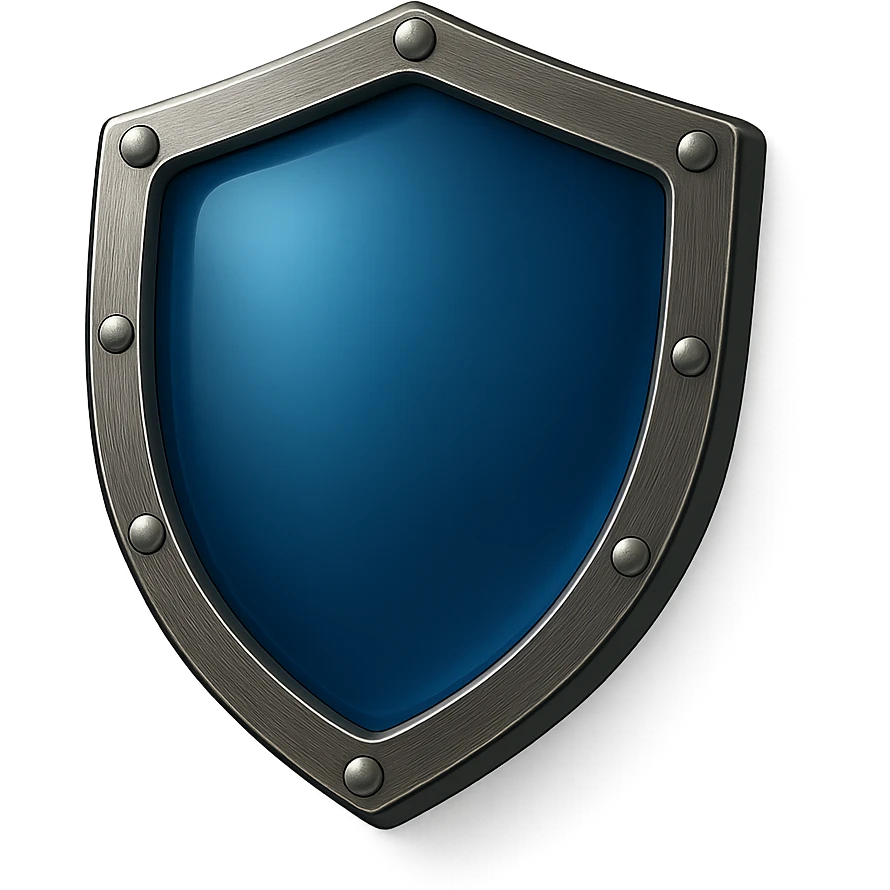 Make the blue center match the deep, rich blue from the attached reference image. Keep the shield facing directly forward, shiny glass-like center, metallic border, no point at the top, no symbols, no sword, transparent background, and all other details the same. emoji