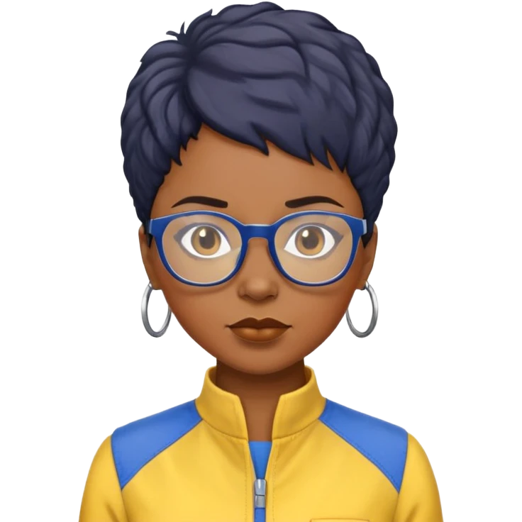 stern Black woman with short textured hair, glasses, wearing blue and yellow jumpsuit, front-facing emoji