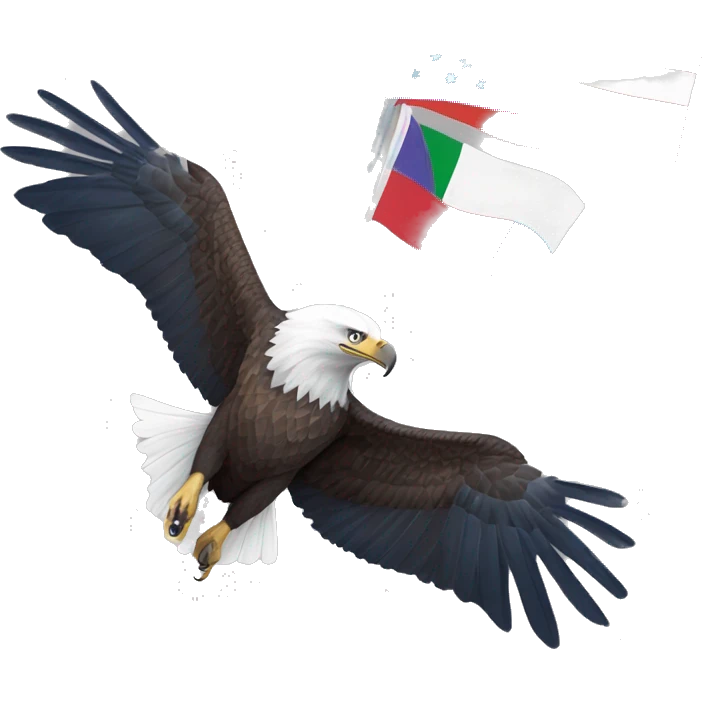bald eagle in flight grasping three different flags with its talons: 1. pride flag, 2. trans flag, and 3. blue flag with the earth on it emoji