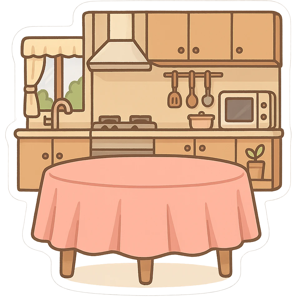 一个温馨的厨房，厨房前景是一个摆放着一个大的粉色桌布的餐桌 emoji