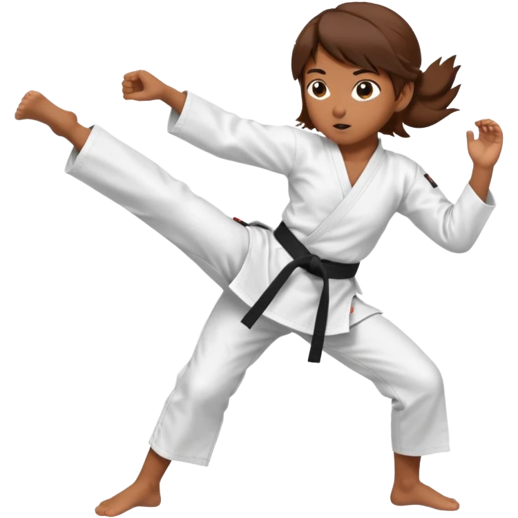 Ragazza castana che pratica karate, ha la cintura nera ed io tradizionale kimono bianco del karate, tira un calcio laterale  emoji
