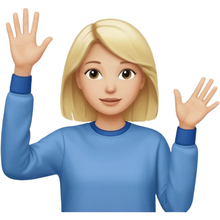 blonde woman with bun in casual clothes and sweat shirt waving emoji