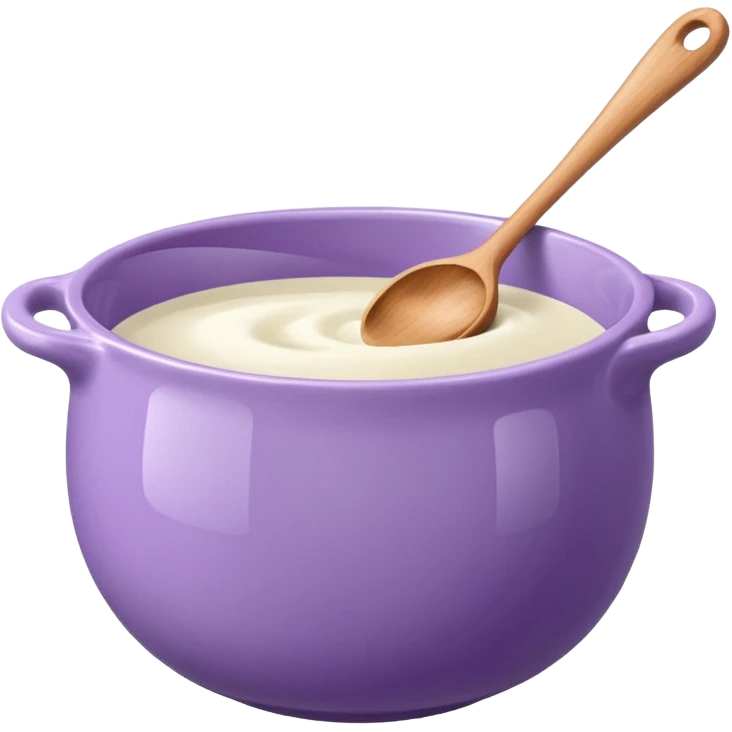 a lilac ceramic mixing bowl with a wooden spoon stirring emoji