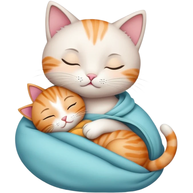 A cute little cat, sleeping with a doll in its arms emoji