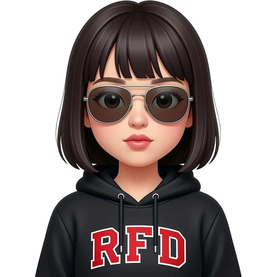 Asian girl with black hoodie with initials “RFD” in red font, wearing aviator sunglasses, pouting emoji