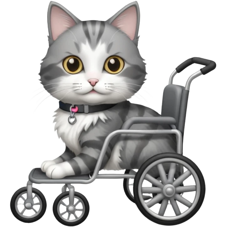 grey and white cat in a pet wheelchair emoji