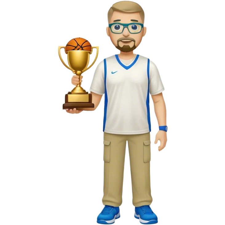 full body white chunky male basketball coach with trophy. Goatee , Wearing glasses and blue and green polio and khaki pants emoji