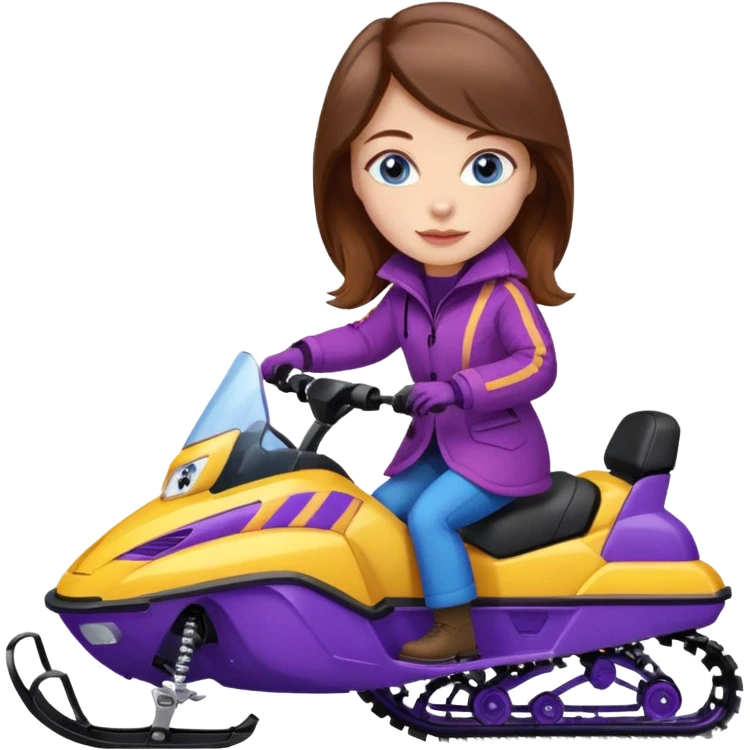Brown hair, very blue eyes, Woman wearing a red coat  on purple and yellow striped snowmobile emoji