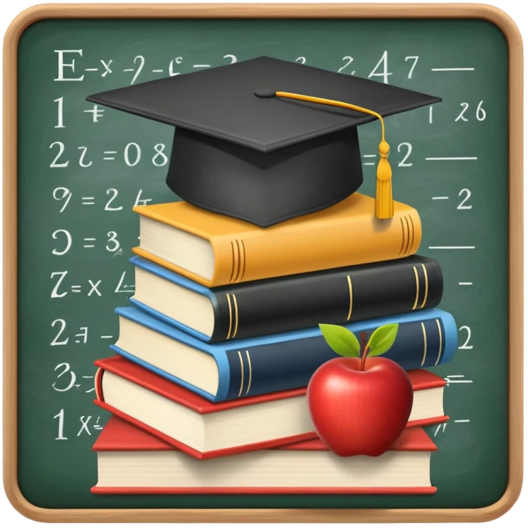 An icon featuring a chalkboard with educational equations, an apple, and a pencil, symbolizing pedagogy. The design includes a stack of books and a graduation cap, representing teaching and learning. Transparent background highlights the dedication to education and mentorship. emoji