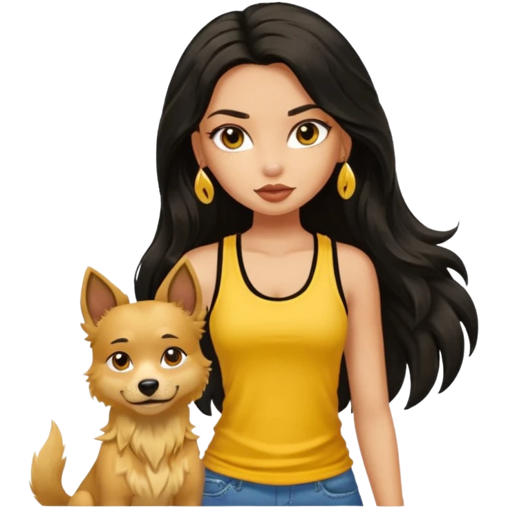 a tan pretty bratz girl with long wavy black hair, wearing a yellow tank top with a street dog emoji