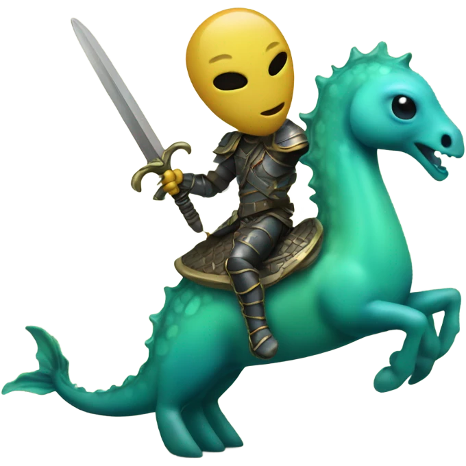 Alien riding a seahorse with a sword emoji
