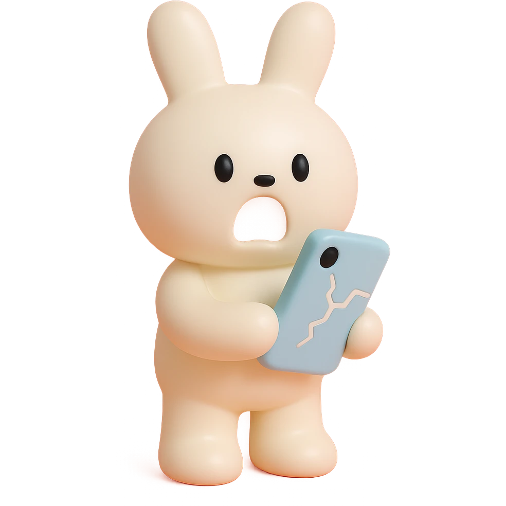 white bunny holding cracked phone with shocked face, vinyl figure style emoji