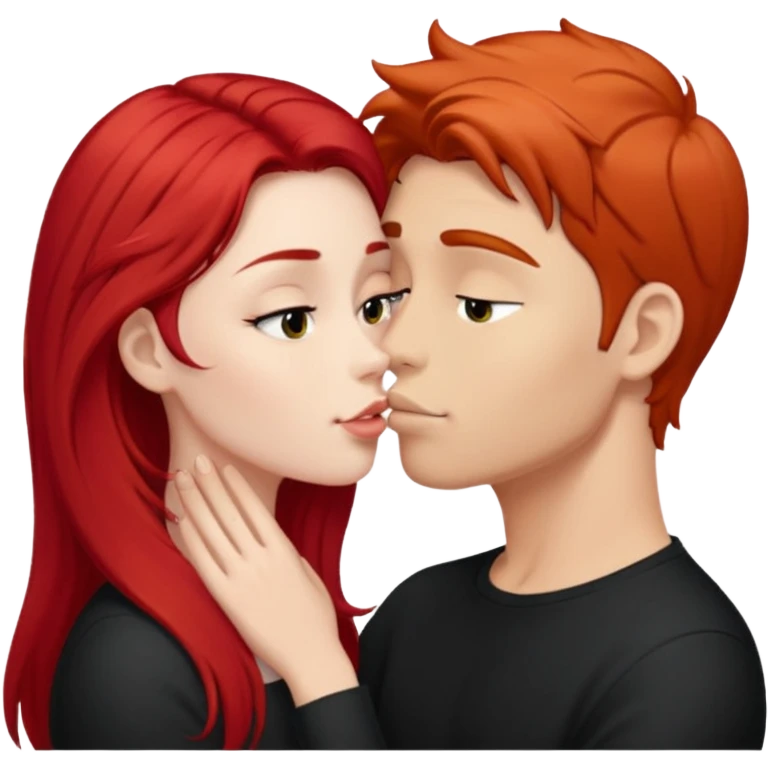 Long red hair woman kissing cute tan guy with short black hair emoji