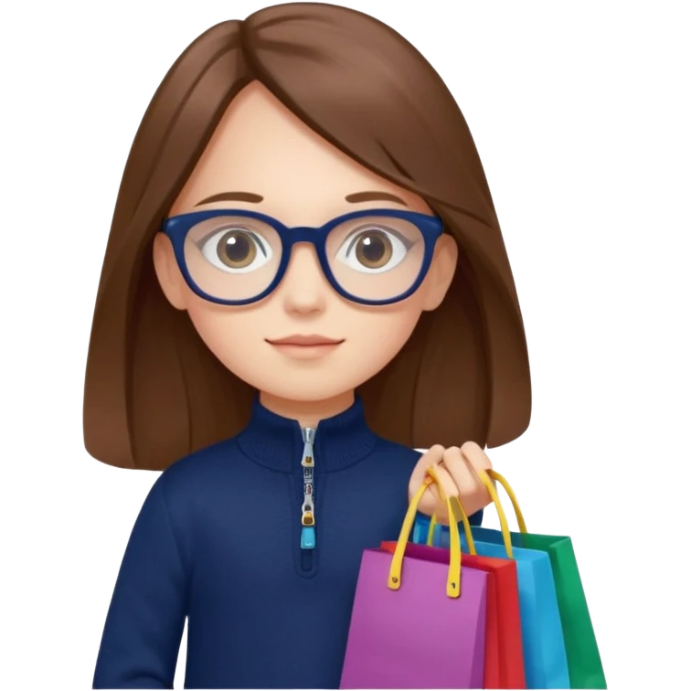 A little girl (he usually calls her baby), who is obsessed with shopping and luxury brands and holds a dozen of bags, she wears navy blue half zip sweater and holds 10 bags and she has long brown hair with Prada eyeglasses  emoji