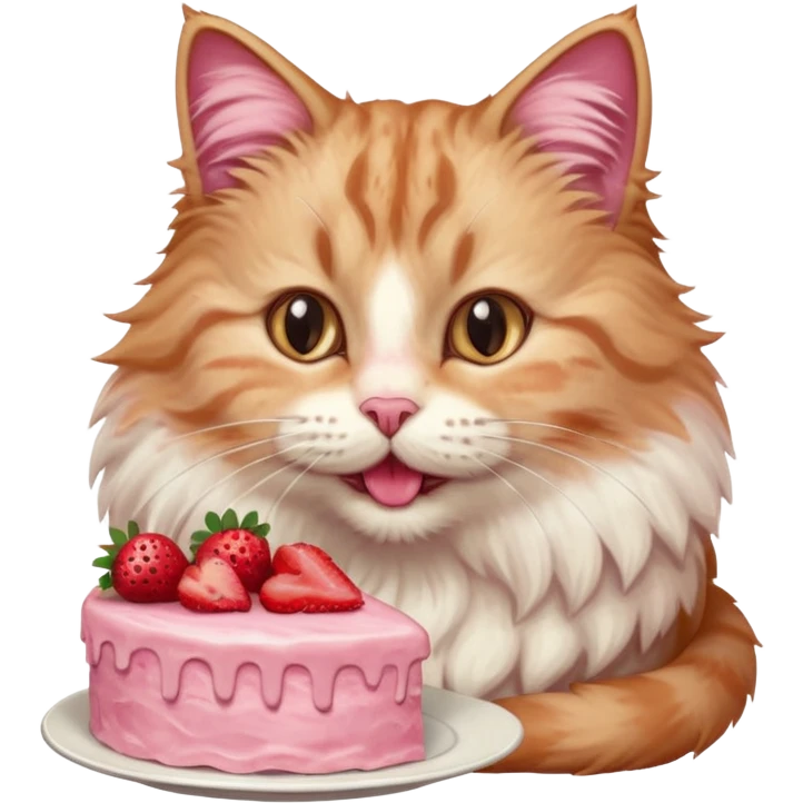 Close-up portrait of a fluffy cat eating a strawberry cake, pink cream on its nose and whiskers, detailed fur texture, soft natural light, shallow depth of field, high resolution, cute and candid moment
, emoji