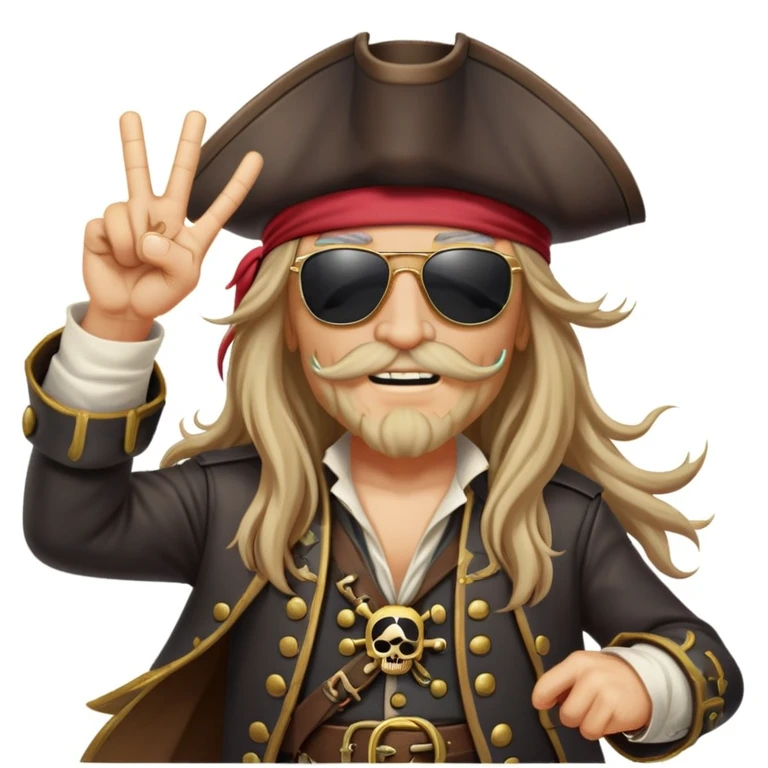 Captain Old Machine a pirate with long har and Wayferar sunglass showing Victory sign emoji