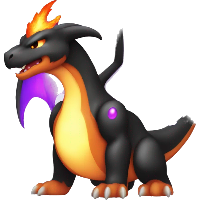 Black shiny sparkly Charizard-Fakémon with purple flame on tail emoji