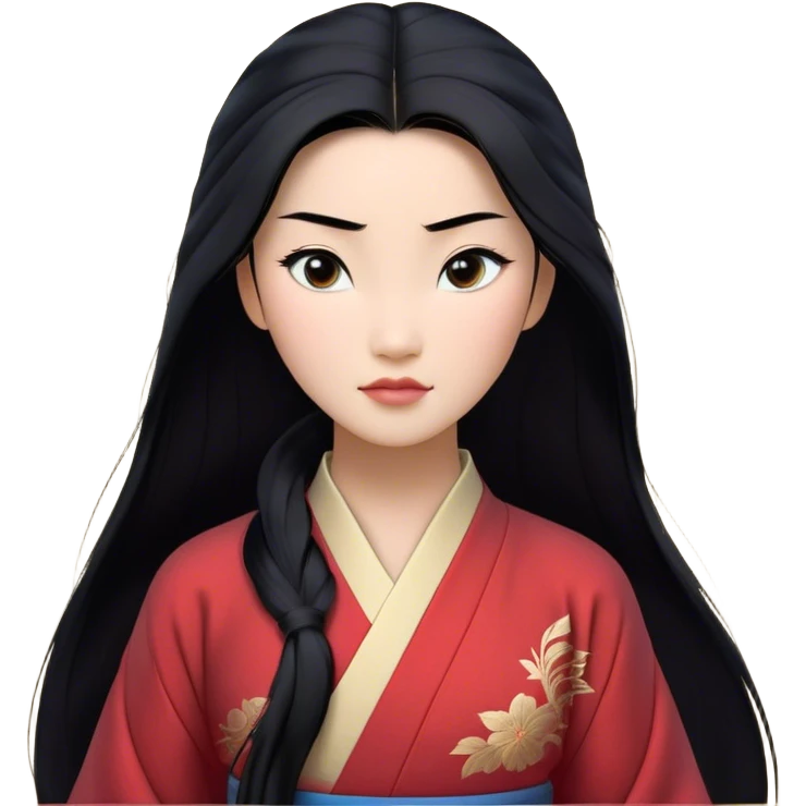 Cinematic Realistic Mulan Portrait, depicted with lifelike skin texture, soft natural lighting, and intricately detailed long black hair styled elegantly. Her deep, expressive eyes exude determination and grace, complemented by a serene yet confident expression. She is dressed in her classic attire, with rich fabric textures and delicate folds that catch the light beautifully. The portrait features a soft, enchanting glow with a natural, radiant finish, capturing the essence of timeless strength and beauty in a realistic and painterly style, evoking a sense of depth and authenticity. emoji