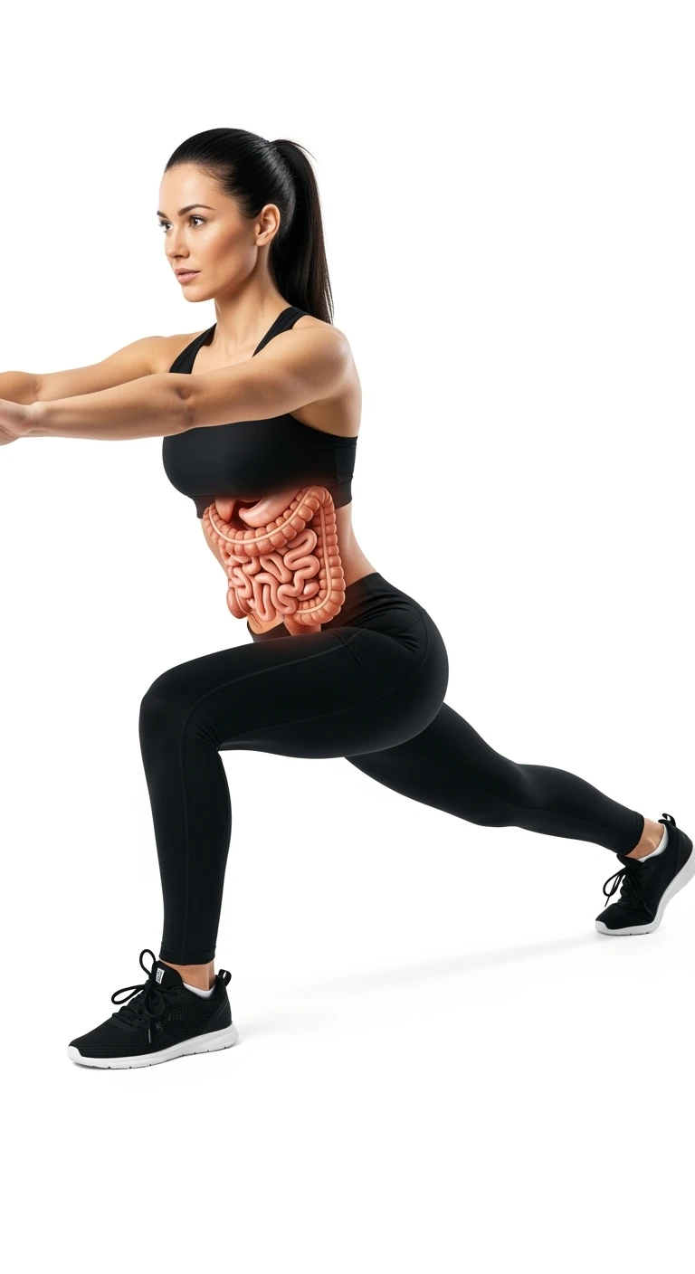 donna che fa stretching con intestino umano anatomico in evidenza, realistica 4k sfondo bianco emoji