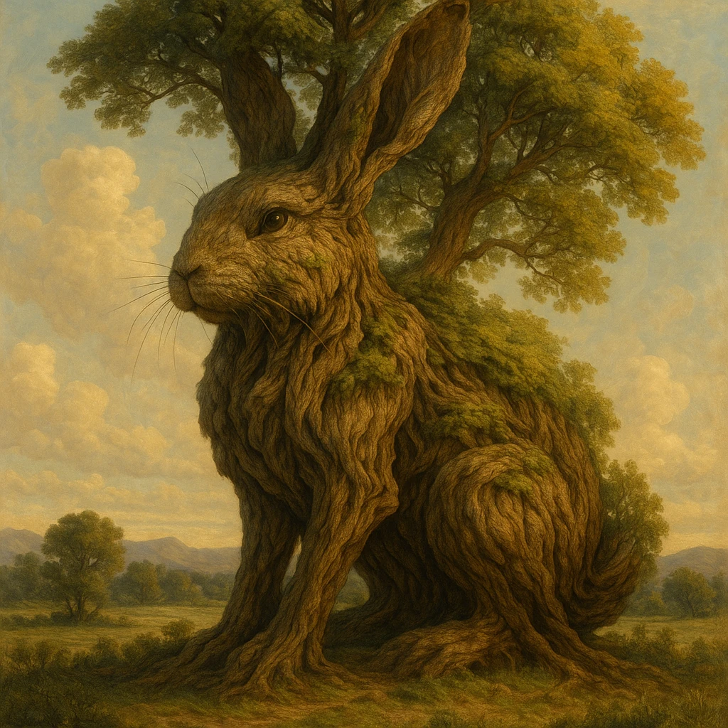 a very large tree shaped like a giant rabbit, blending natural tree features with the form of a rabbit, highly detailed, realistic, fantasy art emoji