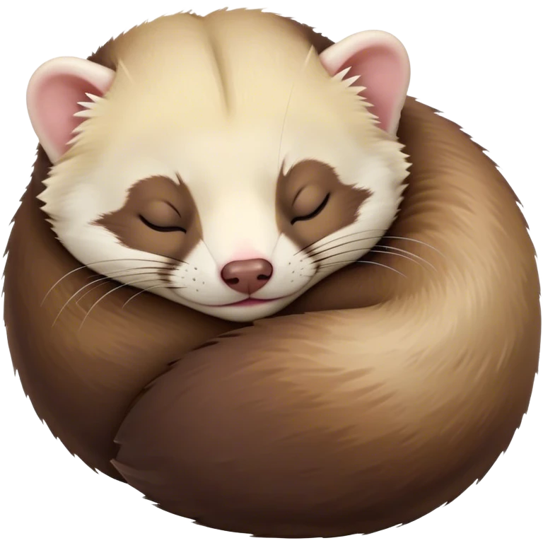 Meme-Worthy Cute Sleeping sable ferret Portrait Emoji, Head resting peacefully with a contented smile, showcasing a long, flexible body curled up in cozy repose, luxuriously soft fur in warm brown and cream, and eyes gently closed in serene slumber, Simplified yet hilariously adorable features, highly detailed, glowing with a soft, drowsy natural light, high shine, relaxed and utterly lovable, stylized with an air of playful laziness, bright and heartwarming, soft glowing outline, capturing the essence of a sleeping sable ferret that feels destined to become the next viral sensation of adorable rest! emoji