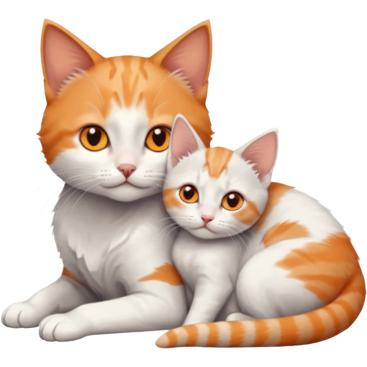 full body of very small + skinny ginger and white kitten with deep orange eyes and triangular shaped face lying down cuddling a grey and white kitten who is a bit bigger than him emoji