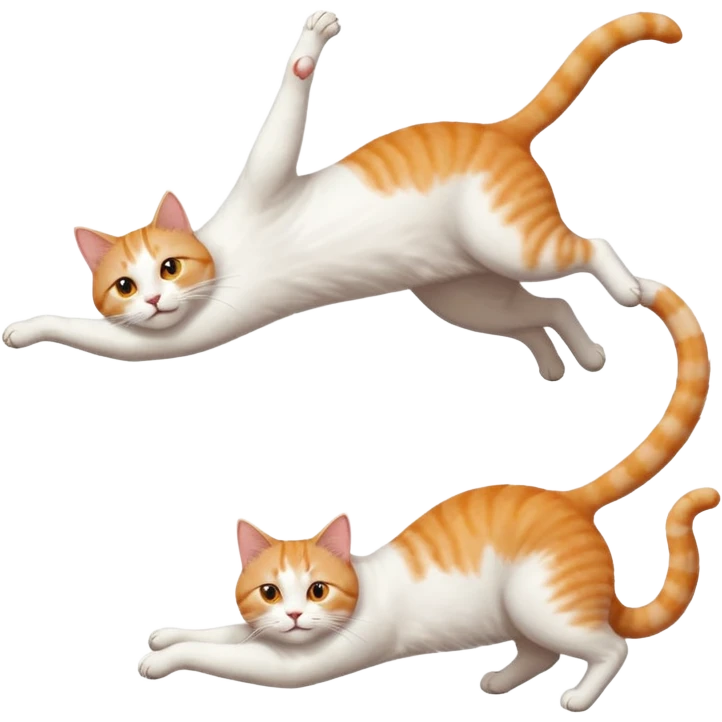 ginger and white cat with orange eyes doing a big extremely long stretch reaching up into the air with arms and legs side by side together straight and overextended whilst lying on its side emoji