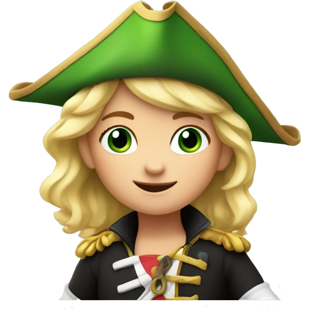 Female kid pirate, green eyed, blonde hair, dressed with pirate clothes, pixar style, 4k, smiling, with parrot on shoulder emoji